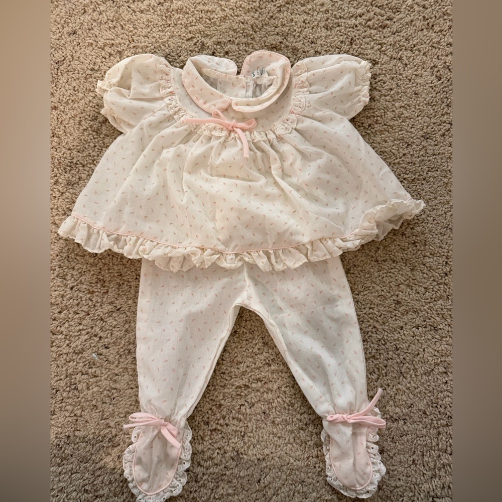 Vintage baby girl outfit two piece set eyelet white baby pink